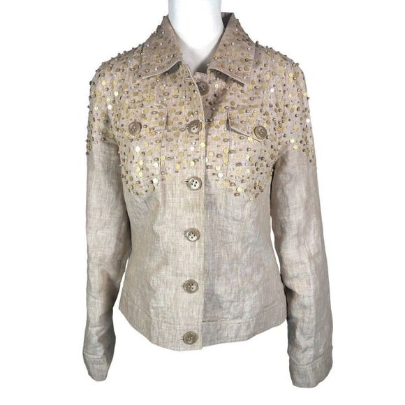 Just B Women’s Tan100% Linen Jacket M Pearls Beaded Sequins Spring - Picture 1 of 12